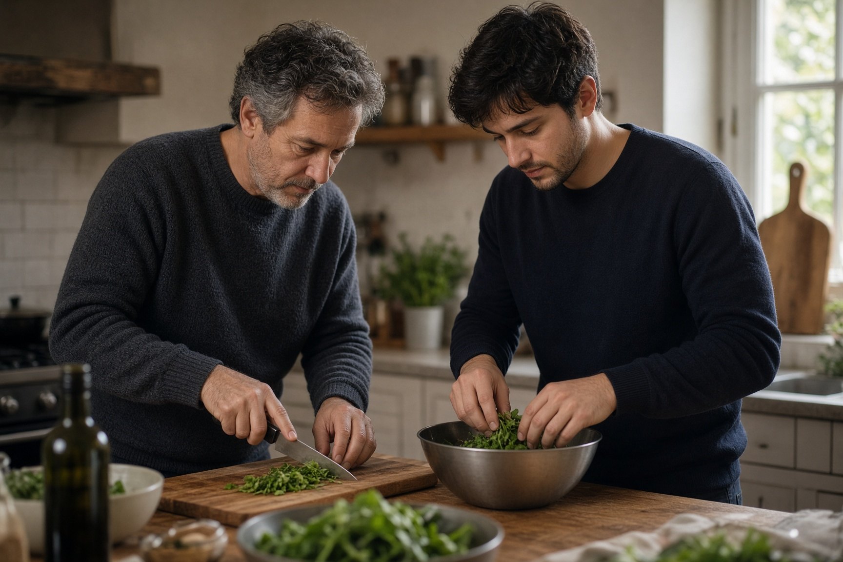 Drei Männer unterschiedlichen Alters kochen gemeinsam in einer Küche.