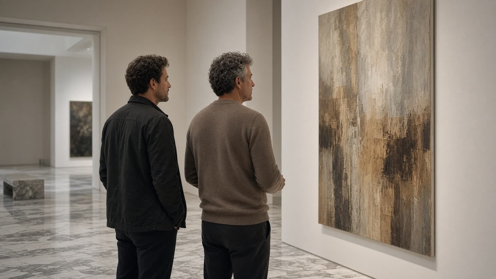 Zwei Männer betrachten in einer Ausstellung ein Gemälde und tauschen sich darüber aus.
