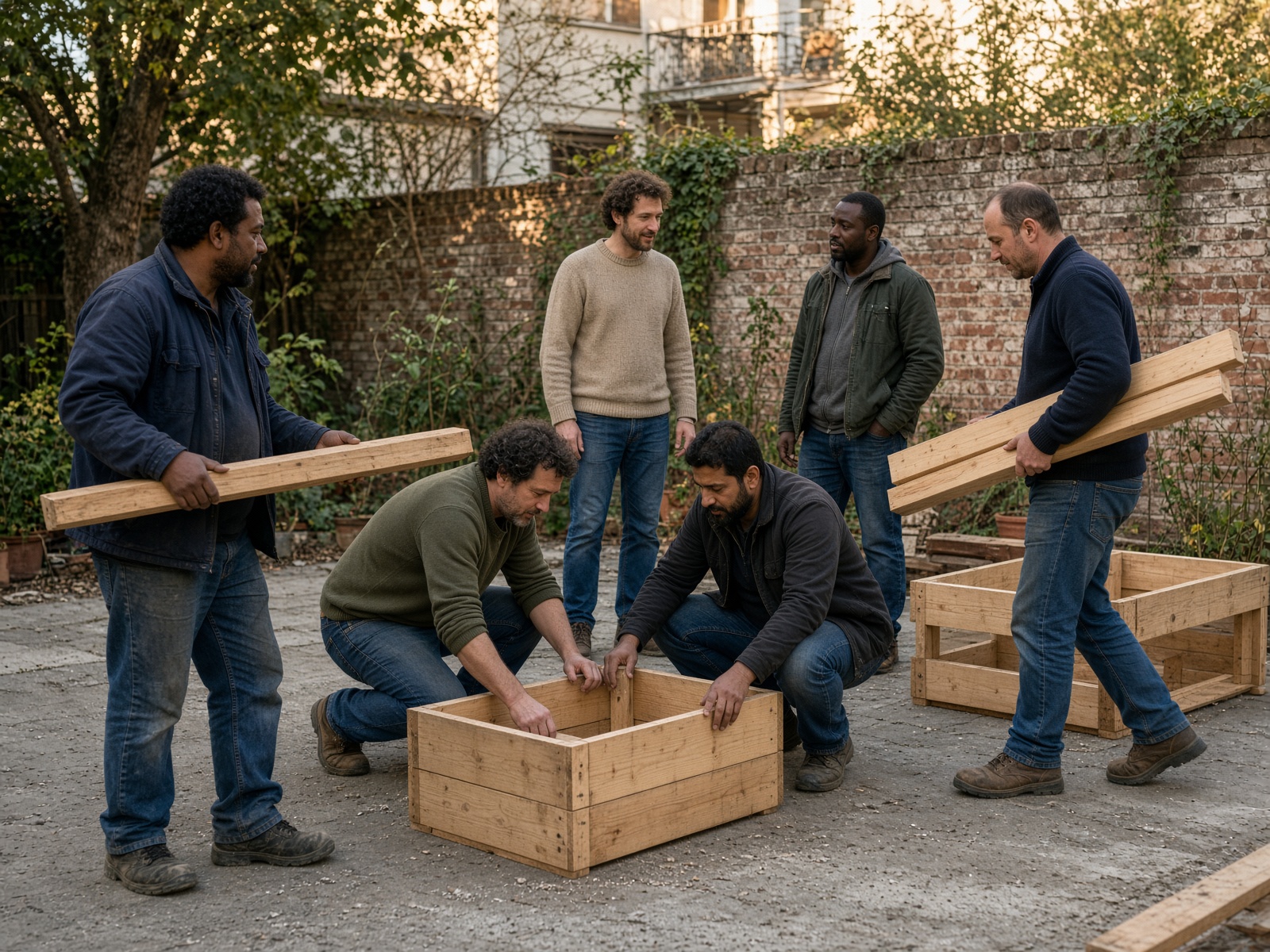 Mehrere unterschiedliche Männer bauen gemeinsam eine Holz-Gartenbox in einem Nachbarschaftshof.